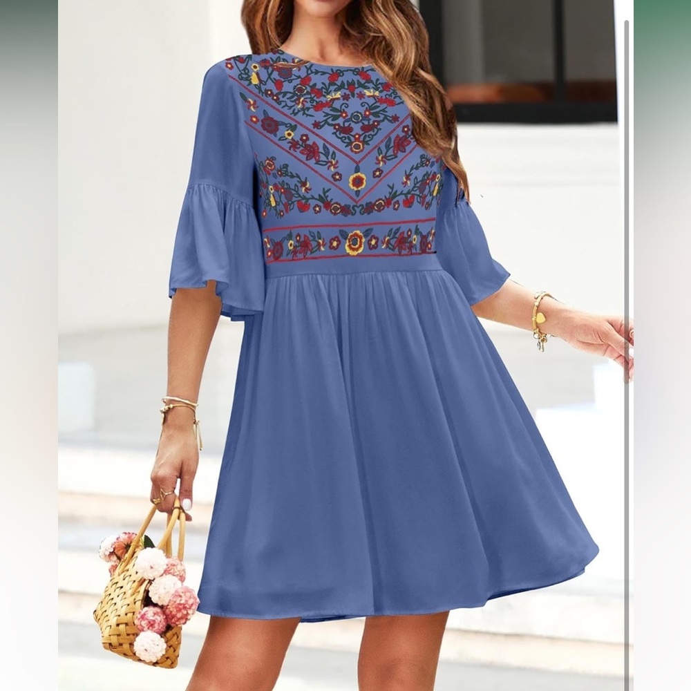 Boho embroidered bell sleeve swing mini dress